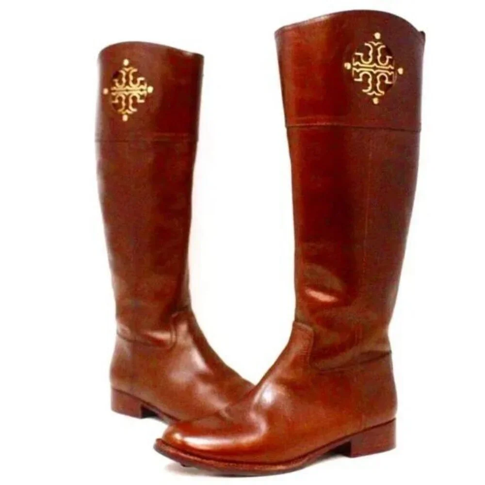 TORY BURCH Kiernan Leather Riding Boot Saddle Brown Gold Metal Logo 8.5 MSRP$450